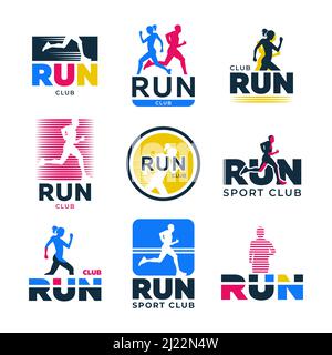 Verschiedene Retro Running Flat Logo Set. Bunte Silhouetten von Läufern und Athleten Jogging Marathon Vektor Illustration Kollektion. Sportverein, aktiv Stock Vektor