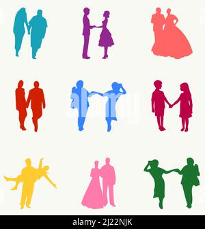 Paare In Verschiedenen Posen Silhouette Stock Vektor