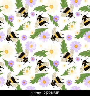 Niedliche Hummel auf Wiese nahtloses Muster. Sommer Hintergrund von Biene und Blumen. Wiederholtes handgezeichnetes Blütendesign Textur für Druck, Stoff, wra Stock Vektor