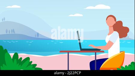 Freiberufliche Frau, die auf dem Seeweg arbeitet. Mädchen mit Laptop am Tisch im Freien flache Vektor Illustration. Außenarbeitsplatz, Freiberufler-Konzept für Banner, Websit Stock Vektor