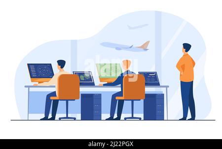 Flight Control Center isolierte flache Vektorgrafik. Cartoon Flughafen Kommandoraum oder Turm für Fly Track Controlling. Internationaler Transport Stock Vektor