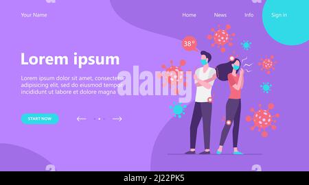 Infizierte Menschen mit Gesichtsmasken leiden unter Angst und Coronavirus-Symptome. Mann und Frau fühlen Fieber, Kopf- und Gelenkschmerzen. Kann für verwendet werden Stock Vektor