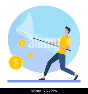 Mann fängt Geld mit Schmetterlingsnetz. Bargeld, Münzen, Dollar flache Vektor-Illustration. Finanzen, verdienen, Einkommen Konzept für Banner, Website-Design oder la Stock Vektor