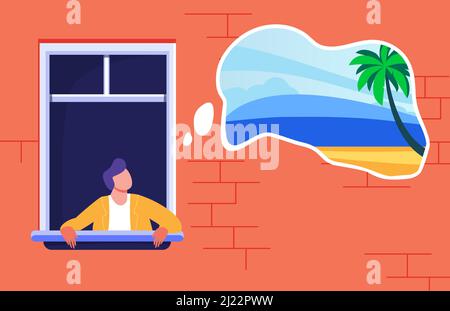 Mann, der zu Hause bleibt und vom tropischen Urlaub träumt. Palmen und Strand in Gedanken Blase flach Vektor-Illustration. Lockdown, Reiseverbotskonzept für Stock Vektor
