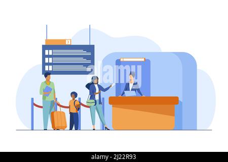 Personen, die am Schalter der Flugregistrierung stehen. Familie, Gepäck, Ticket flach Vektor-Illustration. Reise- und Urlaubskonzept für Banner, Website Stock Vektor