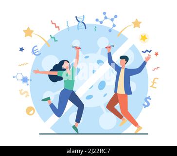 Glückliches Paar hält Glasrohr und springt. Impfstoff, negative covid Test flache Vektor-Illustration. Coronavirus, Ende der Epidemie, Infektionskonzept fo Stock Vektor