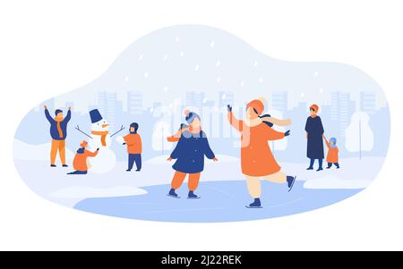 Menschen zu Fuß im Winter Park isoliert flache Vektor-Illustration. Cartoon Männer, Frauen und Kinder Eislaufen und machen Schneemann. Kälte, Familie und Acti Stock Vektor