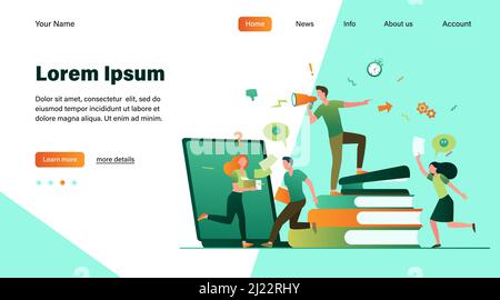 Vektorgrafik „Bürochaos“. Wütender Chef, der das Megaphon anruft, beschäftigte Mitarbeiter, die in Eile sind und in Panik geraten. Kann bei Zeitmangel, Terminabgabeterminen, Stock Vektor