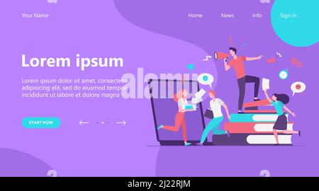 Vektorgrafik „Bürochaos“. Wütender Chef, der das Megaphon anruft, beschäftigte Mitarbeiter, die in Eile sind und in Panik geraten. Kann bei Zeitmangel, Terminabgabeterminen, Stock Vektor