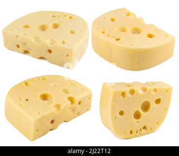 Schweizer oder holländischer Holey-Käse-Keil, Würfel und Scheiben isoliert auf Weiß. Stockfoto