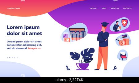 Männliche Student Wahl Programm in der Hochschule. Junger Mann in Graduierung Kappe Denken über zukünftige Beschäftigung. Vektor-Illustration für Chancen, Karriere A Stock Vektor