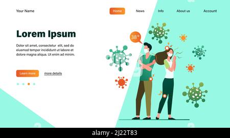 Infizierte Menschen mit Gesichtsmasken leiden unter Angst und Coronavirus-Symptome. Mann und Frau fühlen Fieber, Kopf- und Gelenkschmerzen. Kann für verwendet werden Stock Vektor