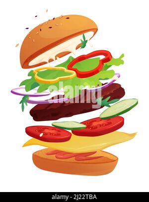 Köstlicher fliegender Burger mit Chili, Tomaten, Käse, Gurken, Fleisch, Zwiebel, Ketchup und Salat. Brötchen mit Sesam. Cartoon-Illustration. Stock Vektor
