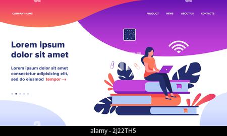 Online-Kurse und Studentenkonzept. Frau sitzt auf Stapel von Buch und mit Laptop für das Studium im Internet. Flache Vektordarstellung für Abstand le Stock Vektor