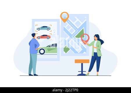Mann, der sich ein Auto mietet. Car-Sharing-App, Stadtplan mit Zeigern. Berater flache Vektor-Illustration. Transport, Stadtverkehr Konzept für Banner, Web Stock Vektor
