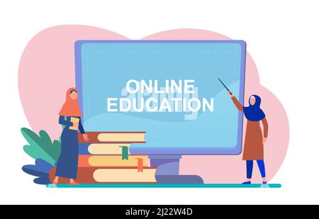 Winzige arabische Frau, die am Computer lernt. Buch, Student, Internet-Vektor-Illustration. Studien- und Online-Bildungskonzept für Banner, Website des Stock Vektor