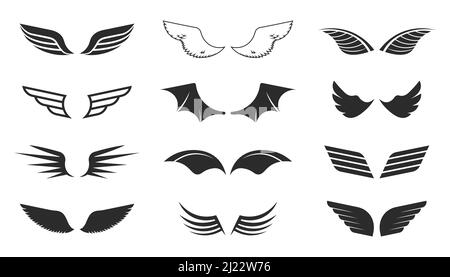 Monochrome Flügel-Set. Fliegende Symbole, schwarze Formen, Pilotenabzeichen, Flugpatch. Vektorgrafiken Kollektion isoliert auf weißem Hintergrund Stock Vektor