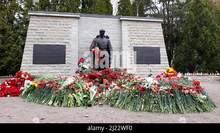 Tallinn, Estland - 9. Mai 2021: Bronze Soldat (est: Pronkssõdur) Denkmal. Veteranen der Roten Armee feiern den Victory Day mit roten Nelkenblumen Stockfoto