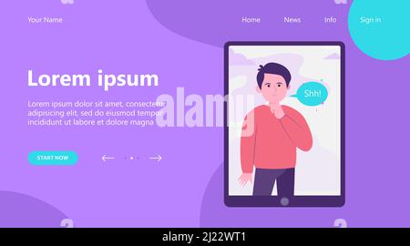 Shh Mann auf Tablet-Computer-Bildschirm. Finger, Stille, Sprechblase flache Vektordarstellung. Kommunikations- und Nachrichtenkonzept für Banner, Website desi Stock Vektor