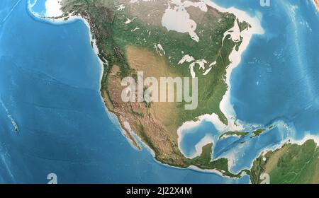 Physische Karte von Nordamerika, USA, Kanada und Mexiko mit hochauflösenden Details. Satellitenansicht des Planeten Erde. Von der NASA eingerichtete Elemente Stockfoto