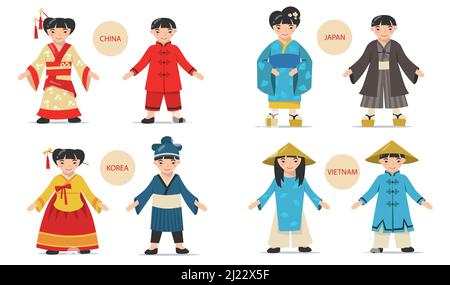 Traditionelle asiatische Paare Set. Cartoon chinesische, japanische, koreanische, vietnamesische Männer und Frauen tragen nationale Kostüme, Kimonos und Hüte. Für Geschichte, f Stock Vektor