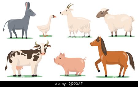 Verschiedene Tiere und Haustiere auf Bauernhof flache Cliparts Set. Cartoon-Figuren von Pferd, Schaf, Schwein, Ziege, Gans und Esel isoliert Vektor-Illustration collec Stock Vektor