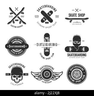 Vintage Skateboarding Tattoo flache Embleme Set. Schwarze monochrome Etiketten oder Schilder mit Skateboard und Totenkopf Vektor Illustration Kollektion. Sommer, extr Stock Vektor