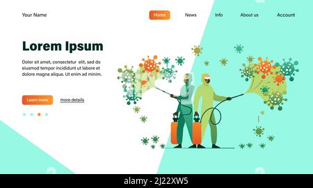 Sanitäter in Schutzanzügen, die Chemikalien auf Viren verbreiten und die Oberfläche desinfizieren. Vektor-Illustration für Coronavirus-Epidemie, Bio-Gefahr, Stock Vektor