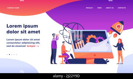 Team startet Projekt. Arbeitsgruppe arbeitet am Start, Start Rakete vom Monitor mit Wachstumskarte. Vektor-Illustration für neue Geschäftsidee concep Stock Vektor