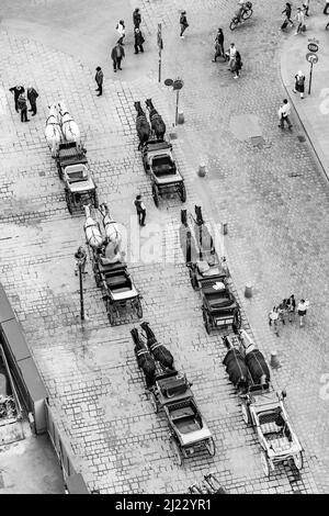 Wien, Österreich - 24. April 2015: Luftaufnahme des überfüllten Stephansplatz in Wien, Österreich mit Fiakern. Hier beginnen mehrere beliebte Fußgängerrouten und ein l Stockfoto