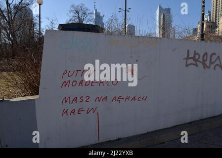 Ein Blick auf Unterstützung und Anti-Putin-Graffiti im Krieg an der Wand Stockfoto