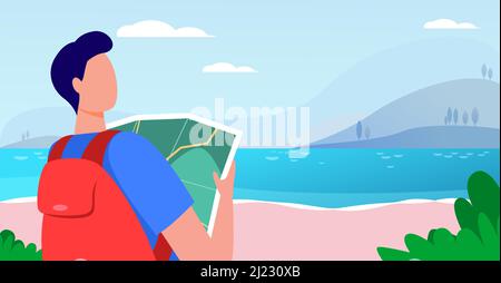 Junger Reisender hält Karte und steht in der Nähe des Sees. Vektorgrafik Rucksack, Landschaft, Reise flach. Urlaub und Natur Konzept für Banner, Website Stock Vektor