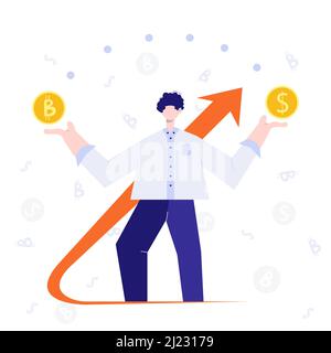 Mann, der über den Kauf von Bitcoin nachdenkt. Männlicher Charakter mit Fragezeichen und Währungssymbolen, flache Vektorgrafik Stock Vektor