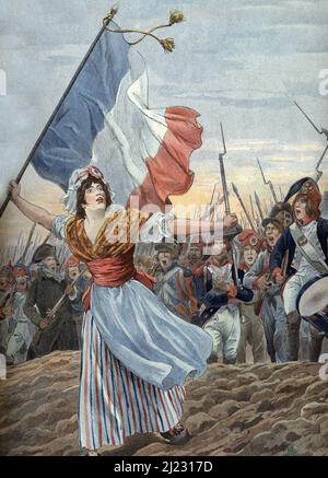 Allegorie de la marseille, chant patriotique de la Revolution Francaise et hymne national francais, compose par claude Joseph Rouget de Lisle en 1792 - la France guidant le peuple francais au Moment de la Declaration de guerre a l'Autriche (Marseille, die französische Nationalhymne, geschrieben 1792 von Claude Joseph Rouget de Lisle in Straßburg nach der Kriegserklärung Frankreichs gegen Österreich, Und wurde ursprünglich mit dem Titel 'Chant de guerre pour l'Armée du Rhin' Illustration tiree de 'Les chants nationaux de tous les Pays' de Job et Montorgueil Collection privee Stockfoto