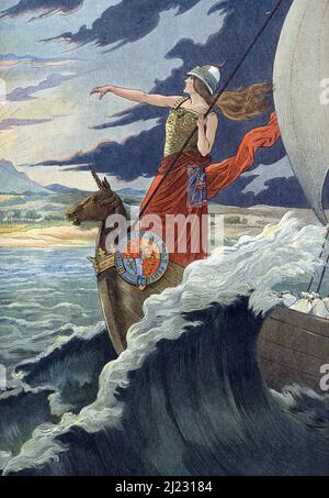 Allegorie de l'hymne du Royaume Uni 'God Save the Queen' ('God Save the Queen' ist die de facto nationale Hymne des Vereinigten Königreichs) Illustration tiree de 'Les chants nationaux de tous les Pays' de Job et Montorgueil Collection privee Stockfoto