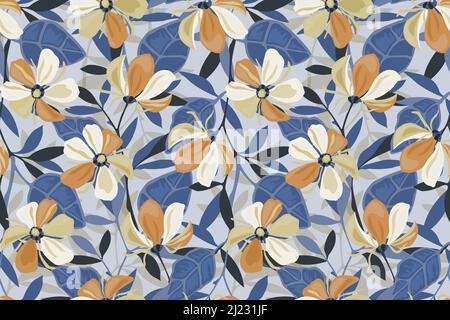 Vektor-Nahtloses Blumenmuster. Beige und orange Blüten, blaue Blätter auf hellblauem Hintergrund. Stock Vektor