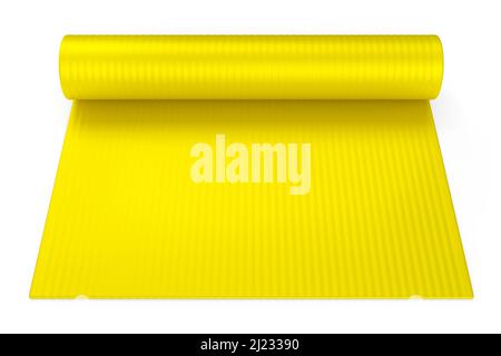 Gelbe Yogamatte oder leichte Schaumstoff-Campingbett-Rollauflage isoliert auf weißem Hintergrund. 3d-Rendering von Sportgeräten für Fitness, Yoga und Active wo Stockfoto