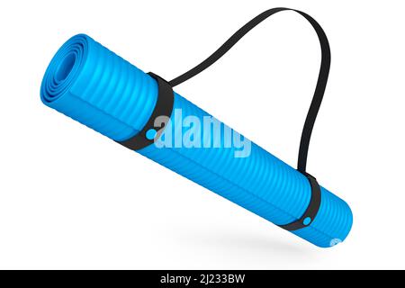 Blaue Yogamatte oder leichtes Camping-Bett-Rollpad aus Schaumstoff auf weißem Hintergrund isoliert. 3d-Rendering von Sportgeräten für Fitness, Yoga und aktives Arbeiten Stockfoto
