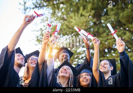 Unsere harte Arbeit hat sich gelausgezahlt. Aufnahme einer Gruppe von Absolventen, die ihre Diplome in der Luft halten. Stockfoto