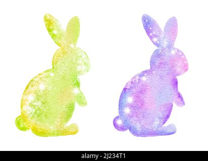 Aquarell-Osterhasen Kaninchen mit glänzend schimmernder Glitzerstruktur, Pastellfarben-Design. April Frühling religiöse Feier, für Karten Einladungen Drucke Stockfoto