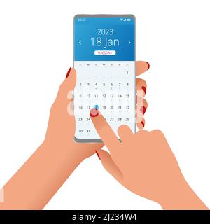 2023 Kalender auf Anfrage. Frau hält mit Smartphone 2023 Kalender App Stock Vektor