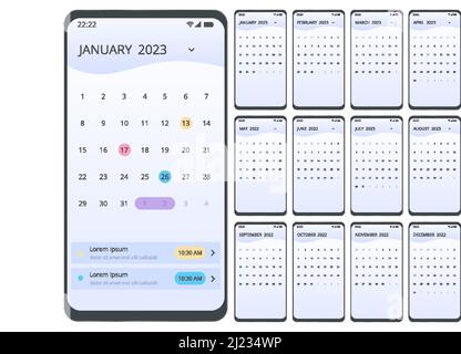 Smartphone 2023 Kalender App. Planner Application Template für Smartphone Stock Vektor