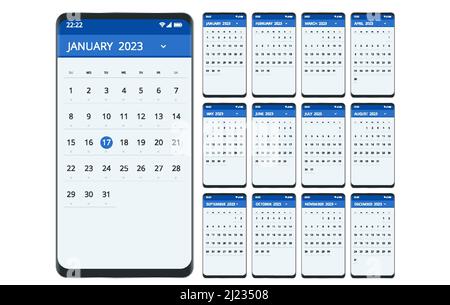 Smartphone 2023 Kalender App. Planner Application Template für Smartphone Stock Vektor