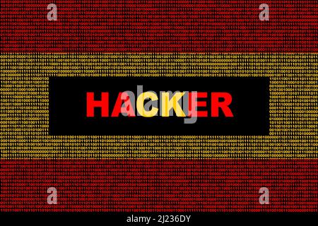 Hacker Spanien. Digitale Flagge Spaniens und ein binäres Cybersicherheitskonzept mit 0 und 1. Computerhacker Spanien. Computerangriff. Dreifarbig. Stockfoto