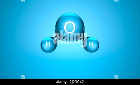 3D chemische Formel von Wasser. H2O Wassermolekül auf blauem sauberen Hintergrund. Wissenschaft, Chemie, Biologie, Bildungskonzept. Hochwertige 3D-Illustration Stockfoto