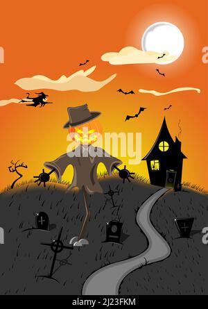 Hallowen Vektor Illustration Hintergrund mit Friedhof und Vogelscheuche Stock Vektor
