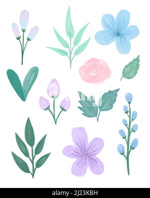 Bunte Blumenkollektion mit Blättern und Blumen Zeichnung mit Aquarell. Frühling oder Sommer Design für Einladung, Hochzeit oder Grußkarten. Stockfoto