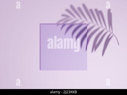 Hell, pastellfarben, lavendelviolett, 3D Render minimal, einfache Draufsicht flach Lay Produktdisplay Hintergrund mit einem Podium Ständer und Palmblatt Schatten für Stockfoto