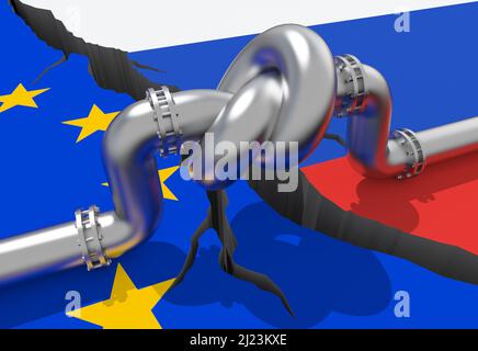 Kraftstoffgasleitung mit einem Knoten vor dem Hintergrund der Flaggen der Europäischen Union und Russlands. Wirtschaftssanktionen der EU. Energieembargo. Ölimport Export f Stockfoto