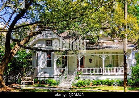 Eine lebende Eiche steht vor einem historischen Haus im Oakleigh Garden Historic District, 26. März 2022, in Mobile, Alabama. Stockfoto
